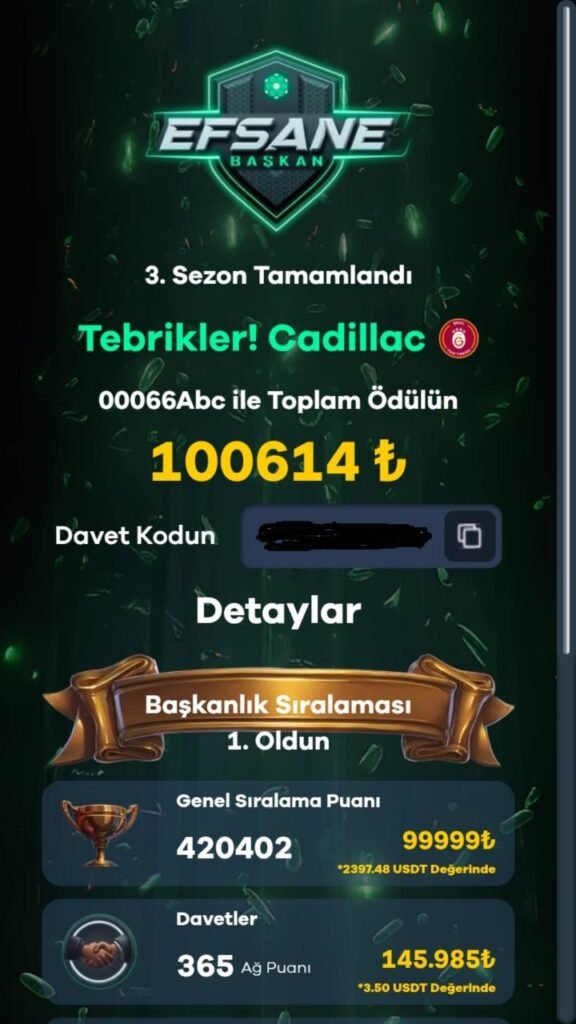 Efsane Başkan Davet Kodu 3 efsane başkan 3. sezon birincilik ödülü açıklandı